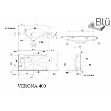 Mažas praustuvas VERONA 400, akmens masė, Blu 1