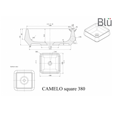 Praustuvas CAMELO SQUARE 380x380, pastatomas, akmens masės, Blu