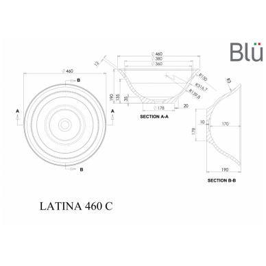 Praustuvas LATINA 460, pastatomas, akmens masė, Blu