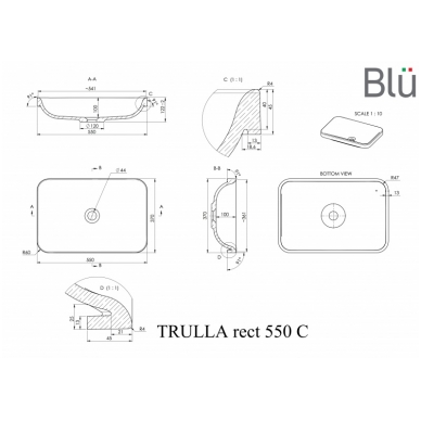 Умывальник из каменной массы (литьевой мрамор) Blu TRULLA RECT 1