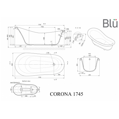 Akmens masės retro vonia Blu CORONA 1745 Evermite