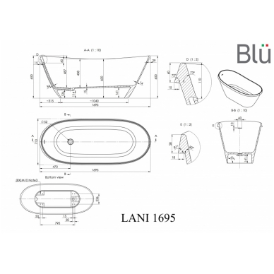 Ванна из литого мрамора Blu LANI 1700 Evermite 2