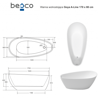 Laisvai statoma akrilinė vonia Goya A-Line, Besco 6