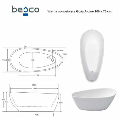 Laisvai statoma akrilinė vonia Goya A-Line, Besco 5