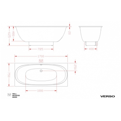 Akmens masės vonia PAA VERSO 170X75 su paneliu 1