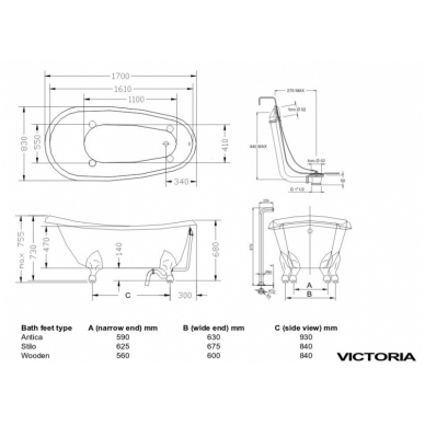 Vonia VICTORIA 170x83, akmens masė, PAA 3