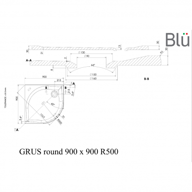 Dušo padėklas GRUS 80x80 Round R500, akmens masė, Blu 3