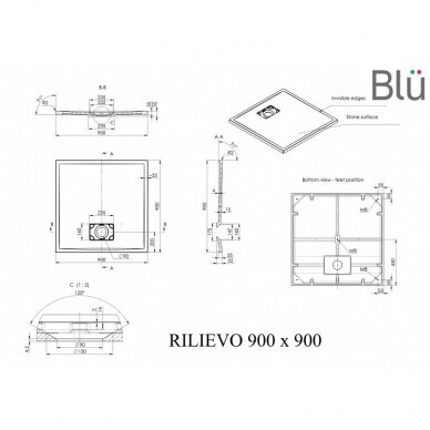 Поддон душевой черный RILIEVO Square 90x90, каменная масса, Голубой 2