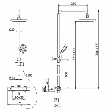 Dušo sistema Y1244X/6CR, termostatinė, Omnires