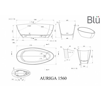 Каменная ванна AURIGA 1560 Evermite, белый/серый, BLU 4