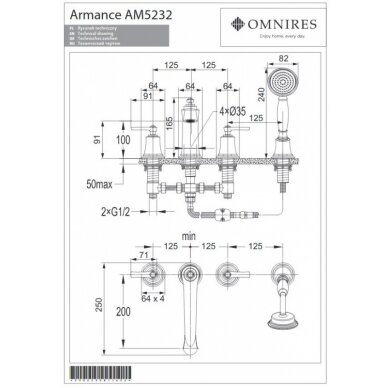 Смеситель ARMANCE устанавливается на краю ванной, золотого цвета, Omnires 1