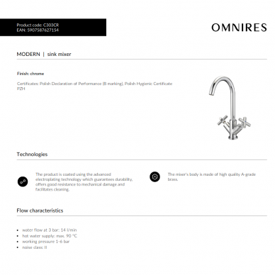 Maišytuvas plautuvei MODERN, chromas, Omnires