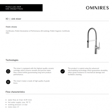 Смеситель для мойки X3 с вытяжным шлангом, хром, Omnires 2