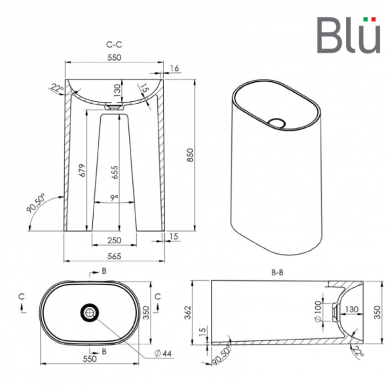 Matinis baltas praustuvas ARA OVAL FS 56x36, pastatomas ant grindų, BLU 2