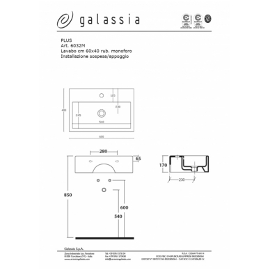 Умывальник настольный или подвесной Plus Design 60, Galassia 2