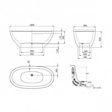 Vonia DOLCE Graphite 160x85, akmens masė, PAA 2