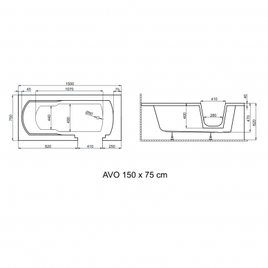 Vonia su durimis dešinėje pusėje AVO 150x75, Polimat 7