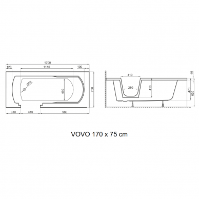 Vonia su durimis kairėje pusėje VOVO 170x75, Polimat 6