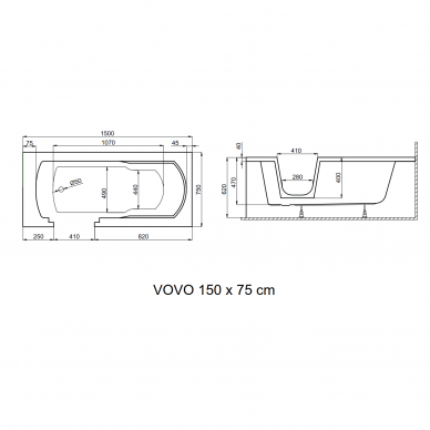 Ванна с дверцей на левую сторону VOVO 150x75, Polimat 8