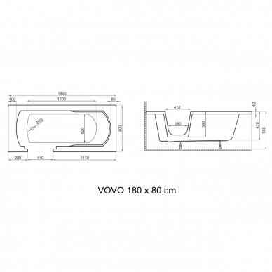 Vonia su durimis kairėje pusėje VOVO 180x80, Polimat 7