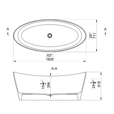 Каменная ванна VELA 1600, белый матовый, Blu 1