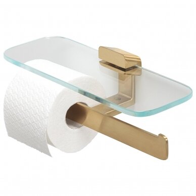 Dvigubas WC popieriaus laikiklis SHIFT su lentynėle, šlifuotas auksas, Geesa 2